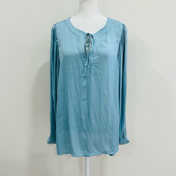 New LOFT TIE NECK DRAPED SLEEVE BLOUSE IN COASTAL‎ HORIZON BLUE Sz XL - Picture 1 of 9